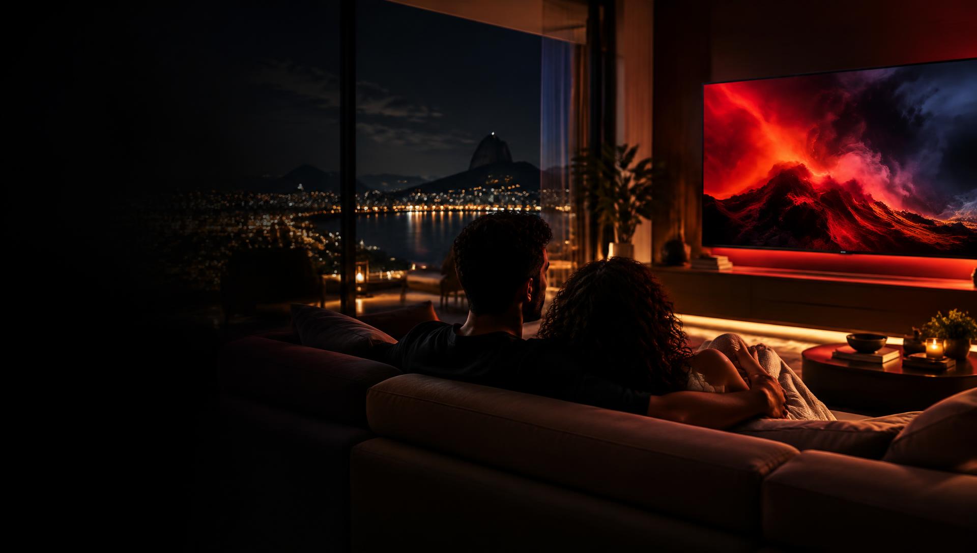 Casal assistindo a uma programação na televisão